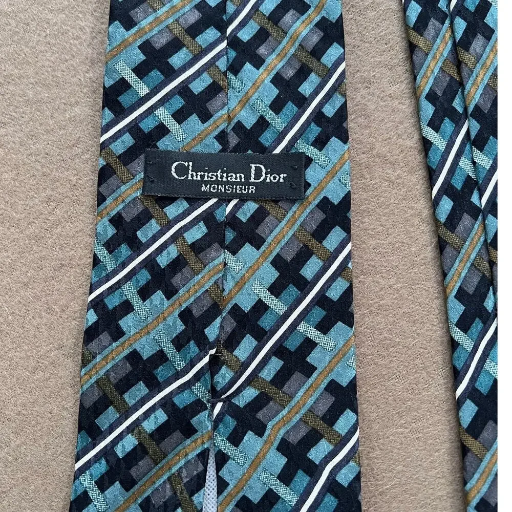 Christian Dior Monsieur Diffusion Line Geometric Green, Teal, Brown & Black Tie
